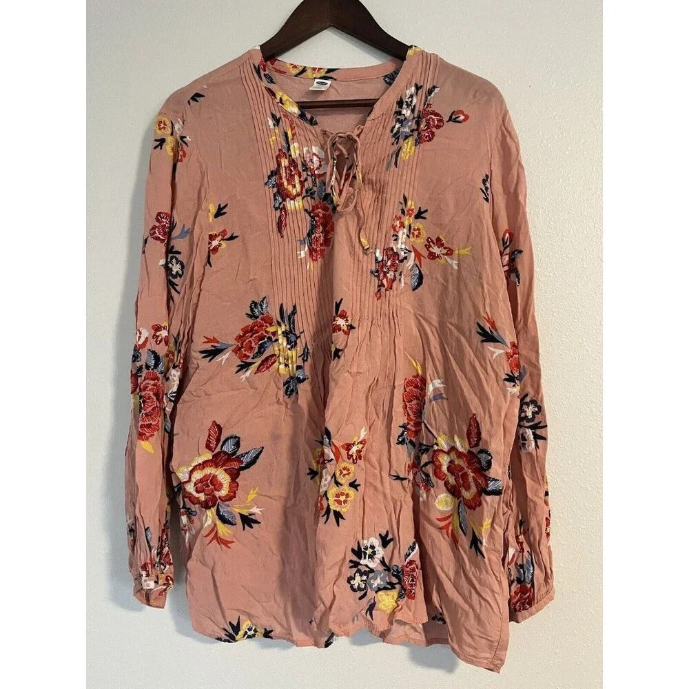 Old Navy XL Floral Peach Multicolor Long Sleeve Rayon Blouse‎ Top Flower Boho